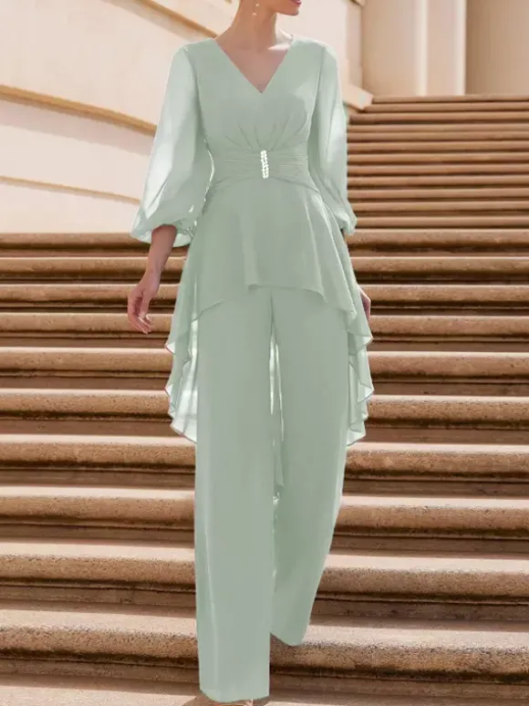 Combinaison de mère de mariée tenue d'invitée de mariage col V manche longue