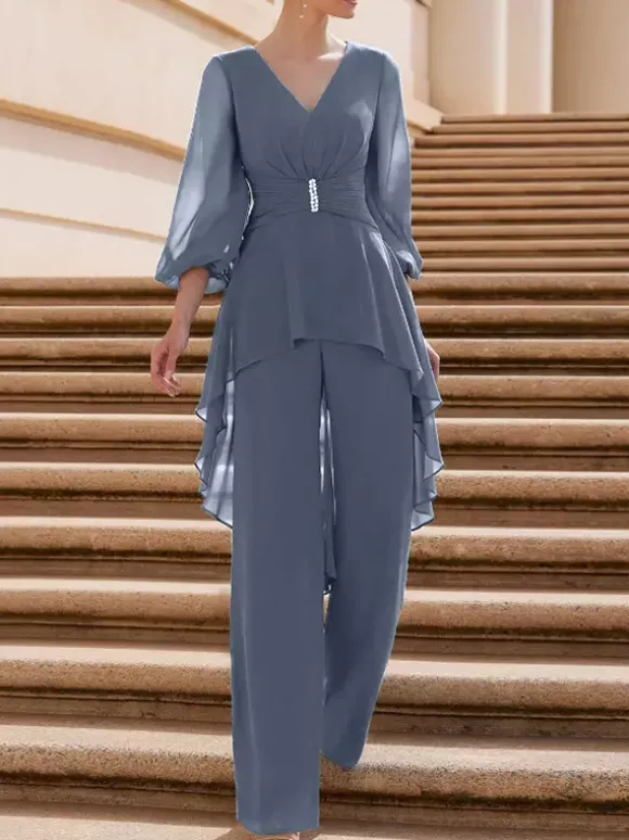 Combinaison de mère de mariée tenue d'invitée de mariage col V manche longue