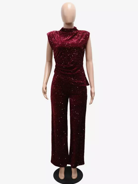 Combinaison de soirée sans manches à col montant et sequins scintillants jambes larges pour femme 2026