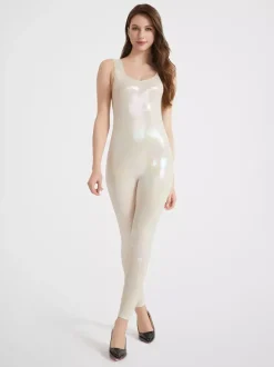 Combinaison de sport brillante à bretelles pour femme sexy pour le yoga effet latex haute élasticité