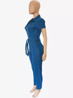 Combinaison en jean à manches courtes pour femme - Combinaison-short en jean bleu décontracté avec fermeture éclair et ceinture coupe skinny - Tenue de soirée quotidienne toutes saisons 2026