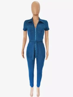 Combinaison en jean à manches courtes pour femme - Combinaison-short en jean bleu décontracté avec fermeture éclair et ceinture coupe skinny - Tenue de soirée quotidienne toutes saisons 2026