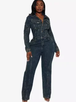 Combinaison en jean à manches longues pour femme - Combinaison moulante vintage à jambes larges et boutons - Collection printemps streetwear 2026