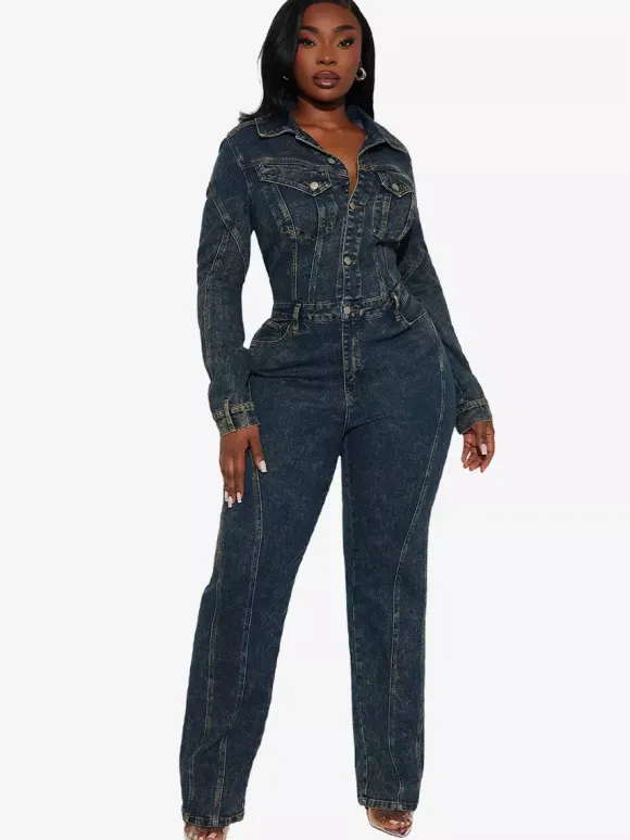 Combinaison en jean à manches longues pour femme - Combinaison moulante vintage à jambes larges et boutons - Collection printemps streetwear 2026