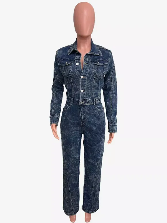 Combinaison en jean à manches longues pour femme - Combinaison moulante vintage à jambes larges et boutons - Collection printemps streetwear 2026