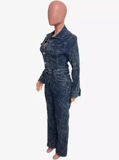 Combinaison en jean à manches longues pour femme - Combinaison moulante vintage à jambes larges et boutons - Collection printemps streetwear 2026