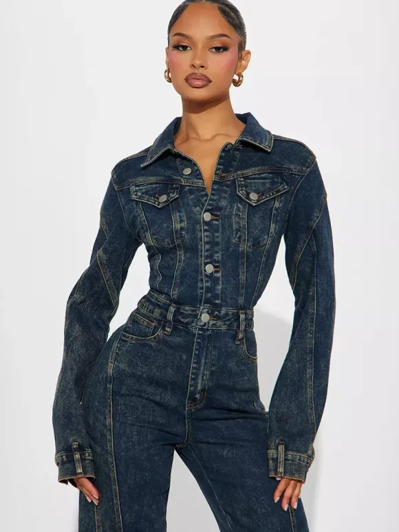 Combinaison en jean à manches longues pour femme - Combinaison moulante vintage à jambes larges et boutons - Collection printemps streetwear 2026