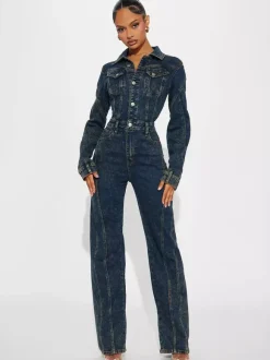 Combinaison en jean à manches longues pour femme - Combinaison moulante vintage à jambes larges et boutons - Collection printemps streetwear 2026