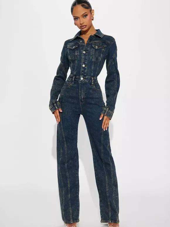 Combinaison en jean à manches longues pour femme - Combinaison moulante vintage à jambes larges et boutons - Collection printemps streetwear 2026