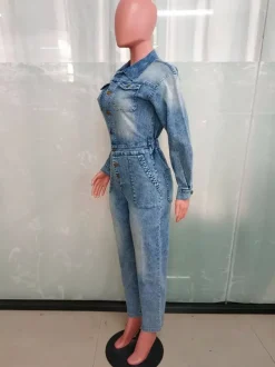 Combinaison en jean à manches longues pour femme - Salopette crayon bleu délavé à taille élastique - Collection printemps-été 2026