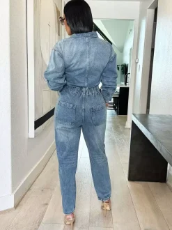 Combinaison en jean à manches longues pour femme - Salopette crayon bleu délavé à taille élastique - Collection printemps-été 2026