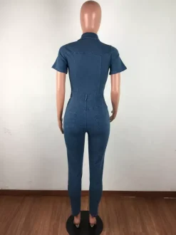 Combinaison en jean délavé coupe slim pour femme - Combinaison moulante sexy bleu foncé à manches courtes et boutons - Style streetwear décontracté été 2026