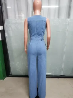 Combinaison en jean délavé zippée pour femme - Bleu clair décontractée ceinture jambes larges - Style streetwear été 2026