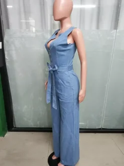 Combinaison en jean délavé zippée pour femme - Bleu clair décontractée ceinture jambes larges - Style streetwear été 2026