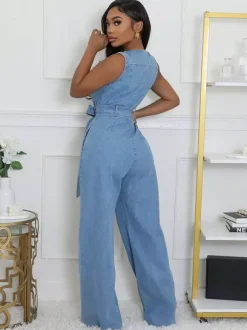 Combinaison en jean délavé zippée pour femme - Bleu clair décontractée ceinture jambes larges - Style streetwear été 2026