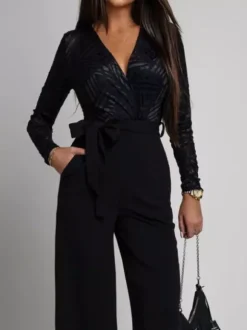 Combinaison élégante à jambes larges pour femme - Combinaison noire à manches longues col en V géométrique et ceinture - Soirée de printemps 2026