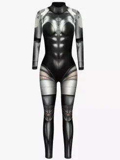 Combinaison moulante métallisée à manches longues style cyberpunk imprimée armure Zentai pour femme.