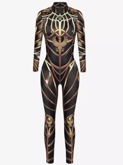 Combinaison moulante métallisée à manches longues style cyberpunk imprimée armure Zentai pour femme.