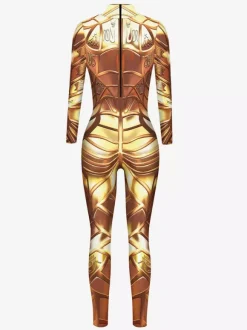 Combinaison moulante métallisée à manches longues style cyberpunk imprimée armure Zentai pour femme.