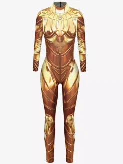 Combinaison moulante métallisée à manches longues style cyberpunk imprimée armure Zentai pour femme.