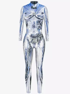 Combinaison moulante métallisée à manches longues style cyberpunk imprimée armure Zentai pour femme.