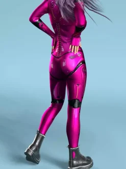 Combinaison moulante sexy cyberpunk pour femme style Zentai manches longues métallisées exosquelette futuriste.