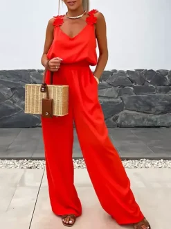 Combinaison olive à col V sans manches et fines bretelles en polyester coupe droite tenue d'été une pièce