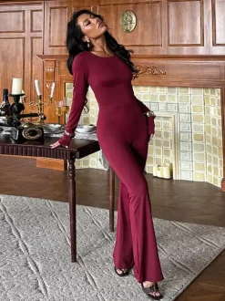 Combinaison évasée dos nu pour femme - Combinaison moulante sexy rouge bordeaux à manches longues - Collection printemps streetwear 2026
