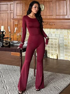Combinaison évasée dos nu pour femme - Combinaison moulante sexy rouge bordeaux à manches longues - Collection printemps streetwear 2026