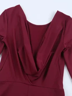 Combinaison évasée dos nu pour femme - Combinaison moulante sexy rouge bordeaux à manches longues - Collection printemps streetwear 2026