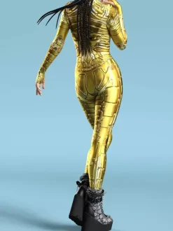 Combinaison Zentai Cyberpunk pour femme style robot imprimée en 3D métallisée.