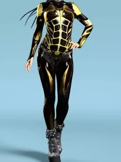 Combinaison Zentai Cyberpunk pour femme style robot imprimée en 3D métallisée.