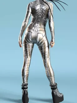 Combinaison Zentai Cyberpunk pour femme style robot imprimée en 3D métallisée.
