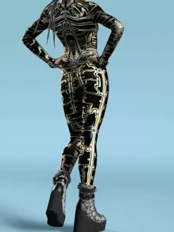 Combinaison Zentai Cyberpunk pour femme style robot imprimée en 3D métallisée.