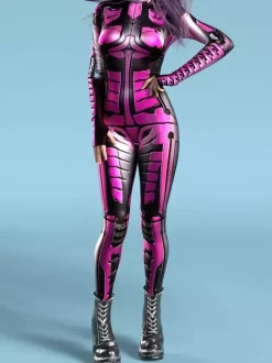 Combinaison Zentai Cyberpunk pour femme style robot imprimée en 3D métallisée.
