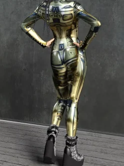Combinaison Zentai Cyberpunk pour femme style robot imprimée en 3D métallisée.