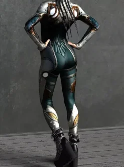 Combinaison Zentai Cyberpunk pour femme manches longues style soldat cybernétique métallisée.