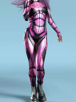 Combinaison Zentai Cyberpunk pour femme manches longues style soldat cybernétique métallisée.