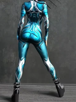Combinaison Zentai Cyberpunk pour femme manches longues style soldat cybernétique métallisée.
