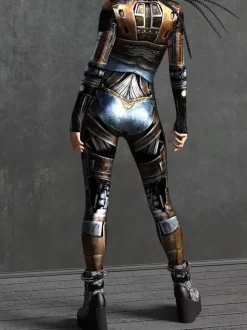Combinaison Zentai Cyberpunk pour femme manches longues style soldat cybernétique métallisée.