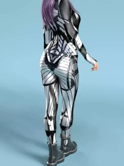 Combinaison Zentai Cyberpunk pour femme manches longues style soldat cybernétique métallisée.