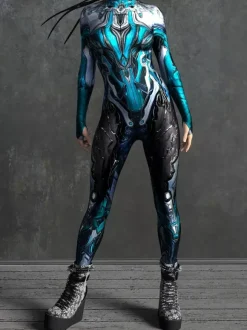 Combinaison Zentai Cyberpunk pour femme manches longues style soldat cybernétique métallisée.
