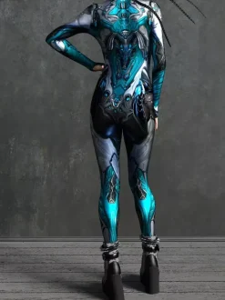 Combinaison Zentai Cyberpunk pour femme manches longues style soldat cybernétique métallisée.