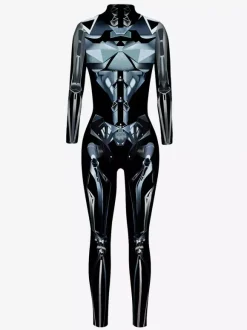 Combinaison Zentai Cyberpunk Adulte pour Adulte Imprimé Robot Illusion Métallique Combinaison de Cuir Métallisée Motif Carnaval de Venise