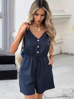 Combinaison bleue à col V sans manches boutons dos nu ample style été