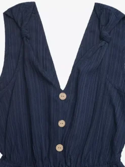 Combinaison bleue à col V sans manches boutons dos nu ample style été