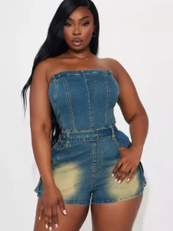 Combinaison bleue sans bretelles sans manches ceinture en jean style été
