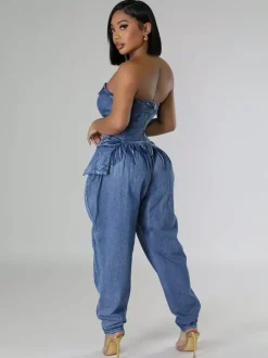 Combinaison bustier en jean sans bretelles pour femme - Combinaison harem sexy bleue avec fermeture éclair au dos - Soirée printemps-club 2026