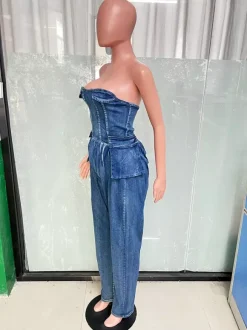 Combinaison bustier en jean sans bretelles pour femme - Combinaison harem sexy bleue avec fermeture éclair au dos - Soirée printemps-club 2026