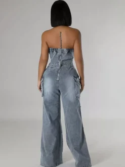 Combinaison cargo bustier en jean pour femme - Combinaison moulante bleue Y2K déchirée à jambes larges avec poche - Soirée d'été en boîte 2026